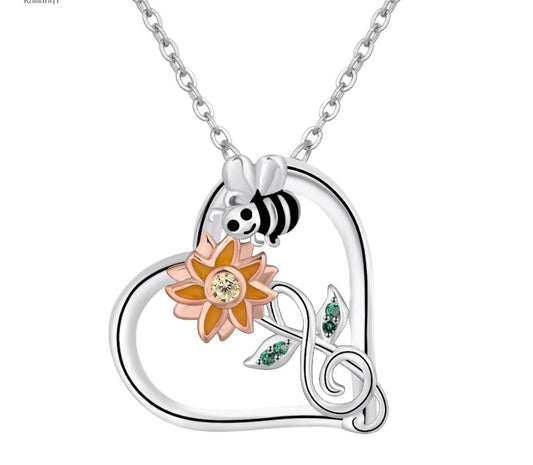 Copper With Silver/Rosegold Plated Sunflower and Bee Pendant Necklace for Women