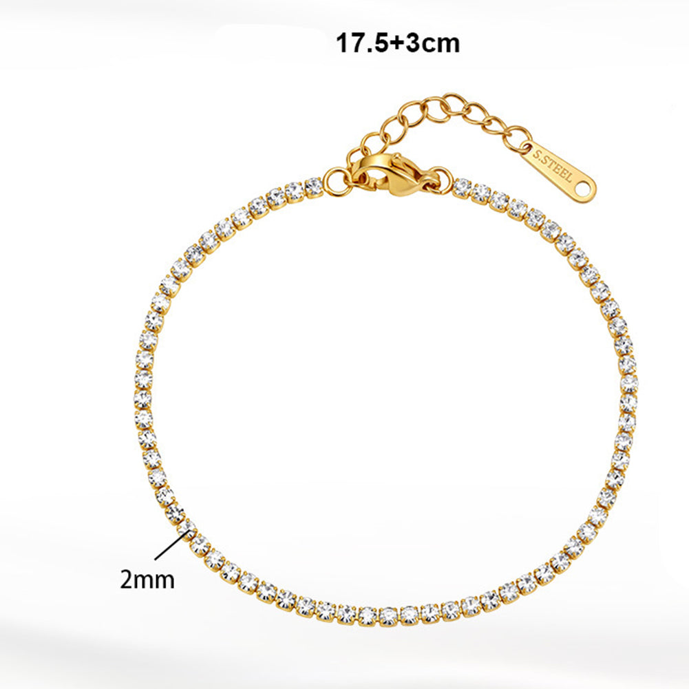 Stainless Steel Dainty Round CZ Tennis Bracelet, Thin Sparkling Clear Cubic Zirconia Stackable Bracelet