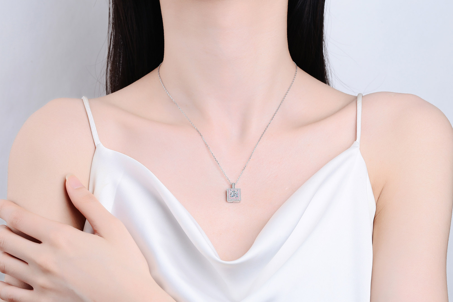925 Sterling Silver Princess Cut Moissanite Double Halo Pendant Necklace