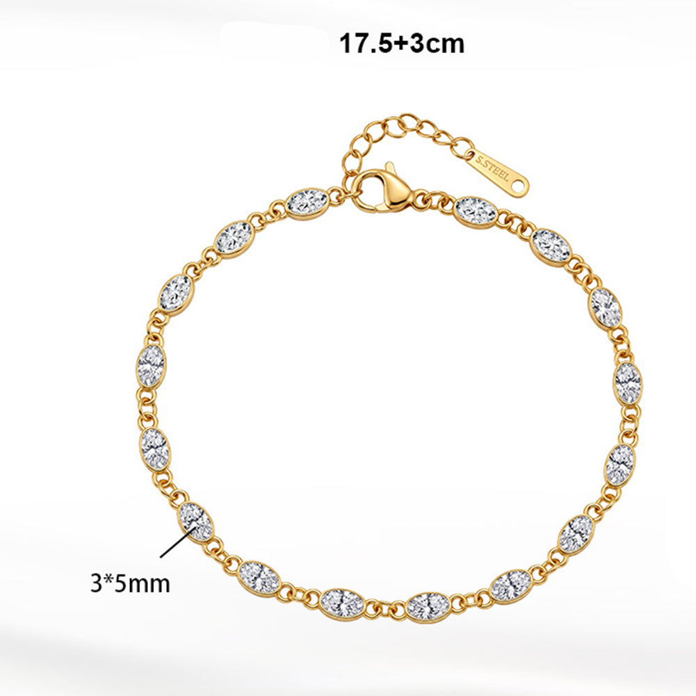 Stainless Steel Oval CZ Station Bracelet, Bezel Set Oval Clear Cubic Zirconia Dainty Chain Bracelet