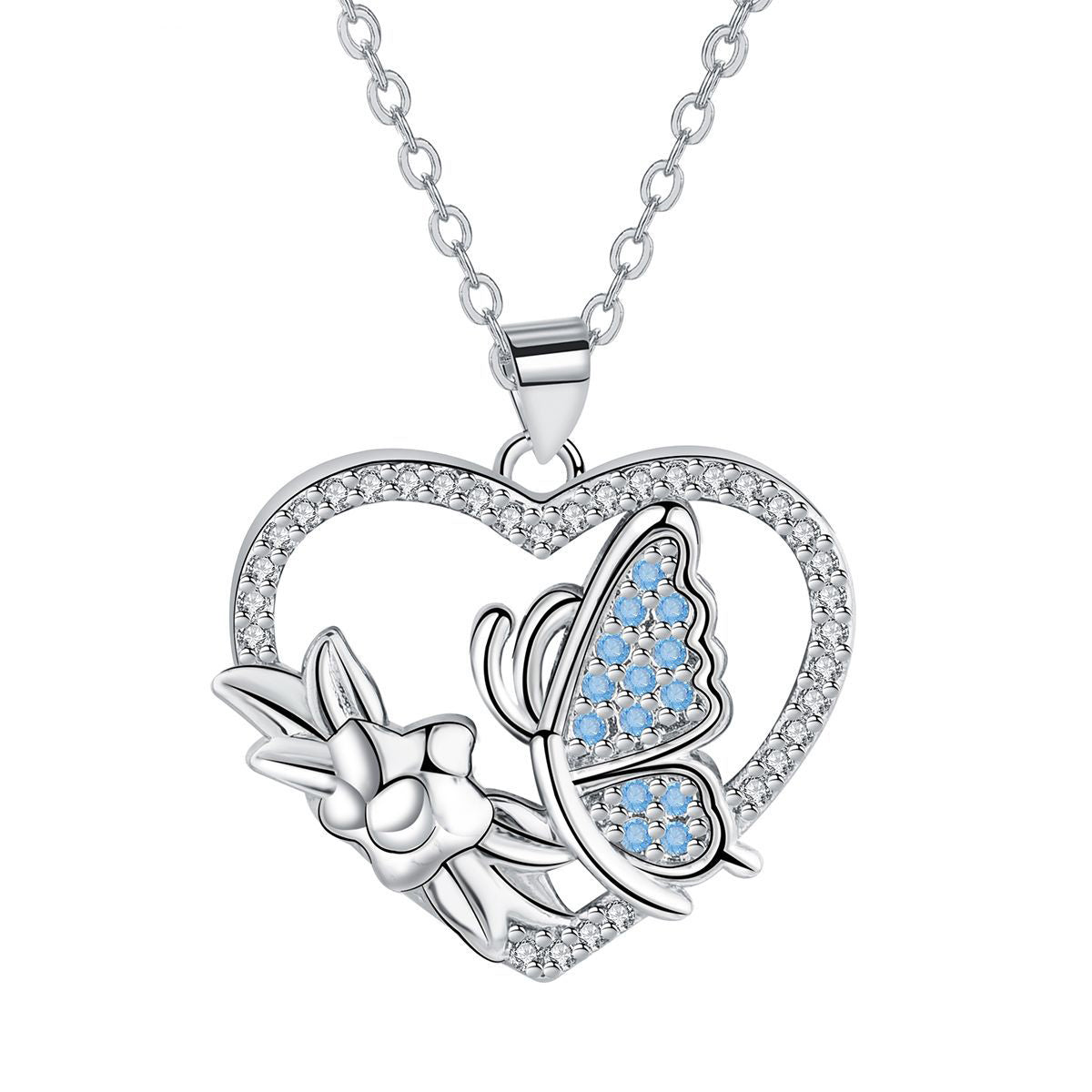 Copper With Silver Plated Heart Butterfly Pendant Necklace for Women