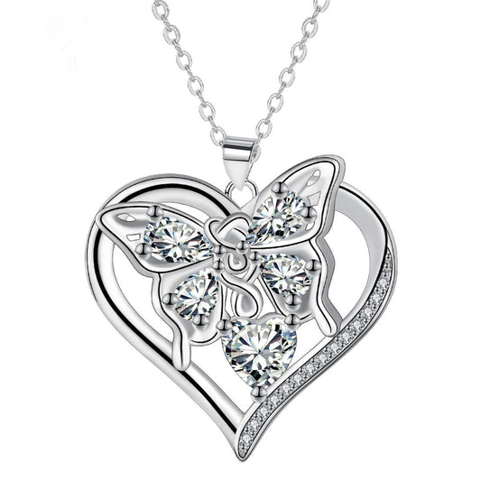 Copper With Silver Plated Heart Butterfly Pendant Necklace for Women