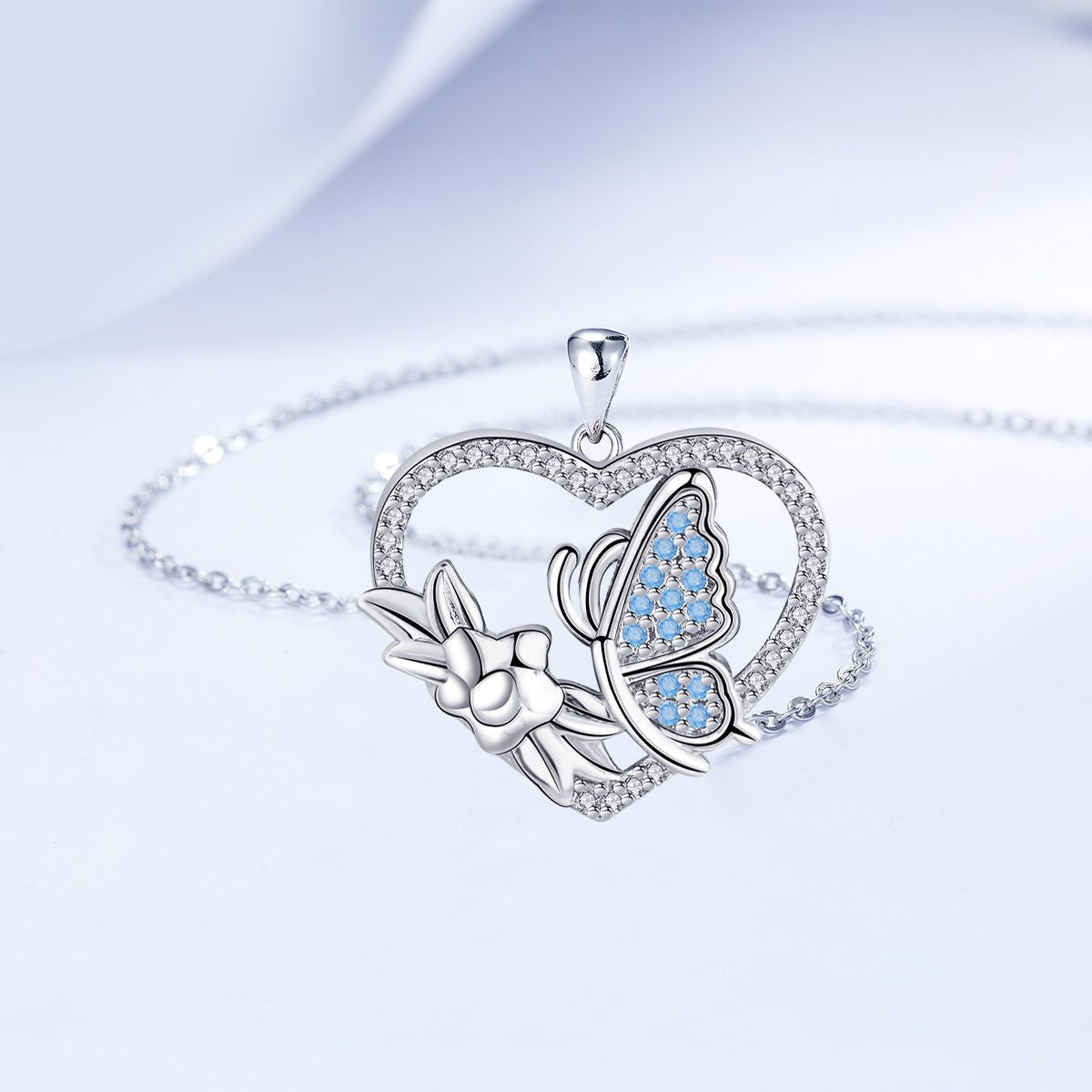 Copper With Silver Plated Heart Butterfly Pendant Necklace for Women