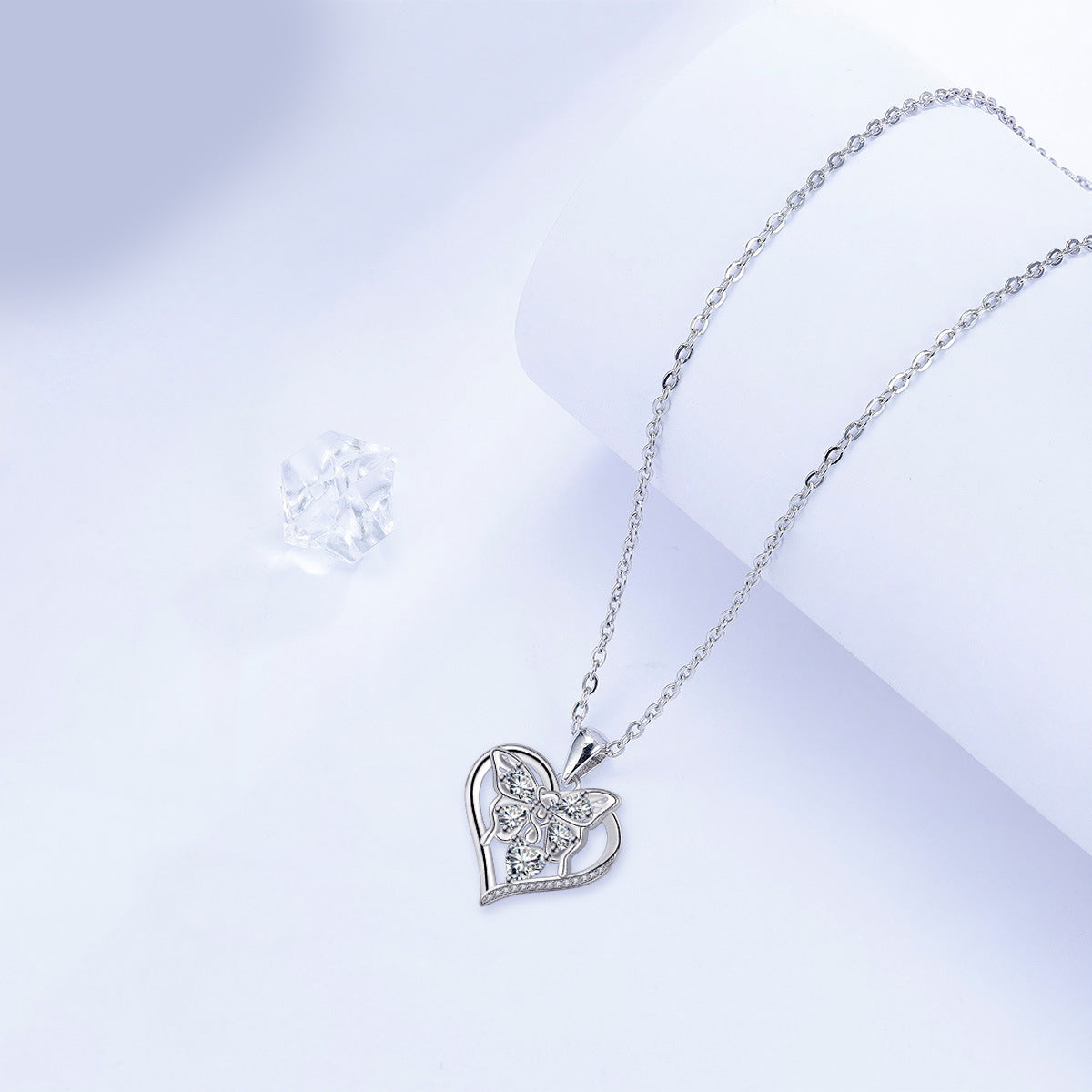 Copper With Silver Plated Heart Butterfly Pendant Necklace for Women