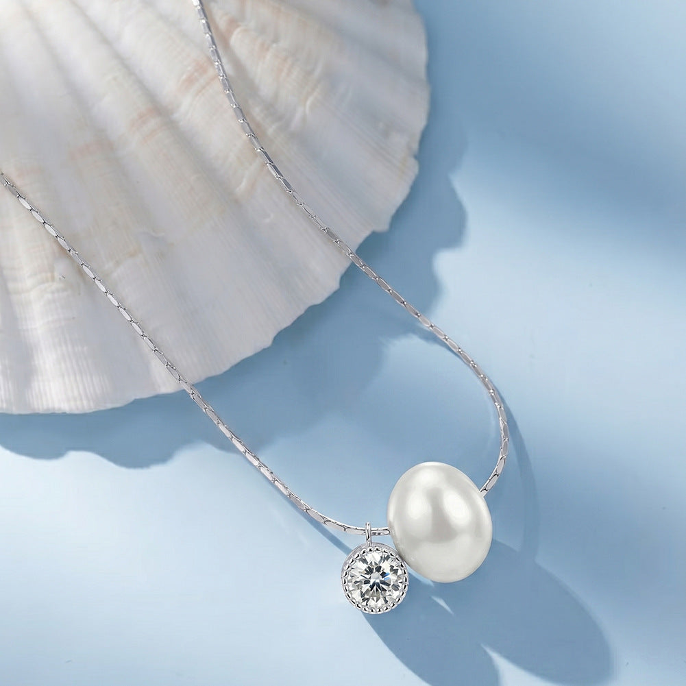 Single Large Glossy Oval Freshwater Pearl Necklace, Solitaire Lustrous Pearl with Tiny Cubic Zirconia Accent S925 Silver Snake Chain