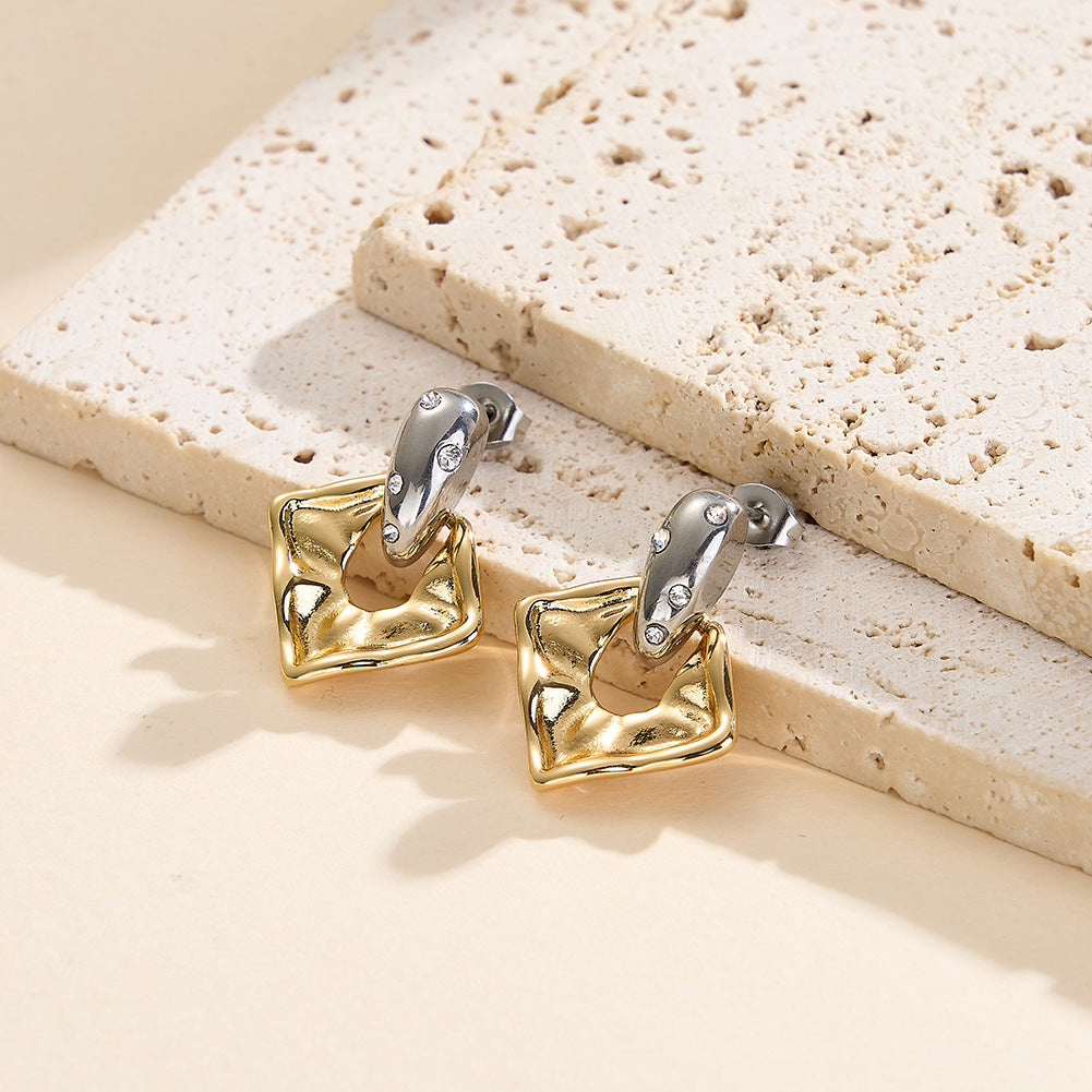 Two-Tone Stainless Steel Hammered Square Drop Earrings with Paved CZ Stones