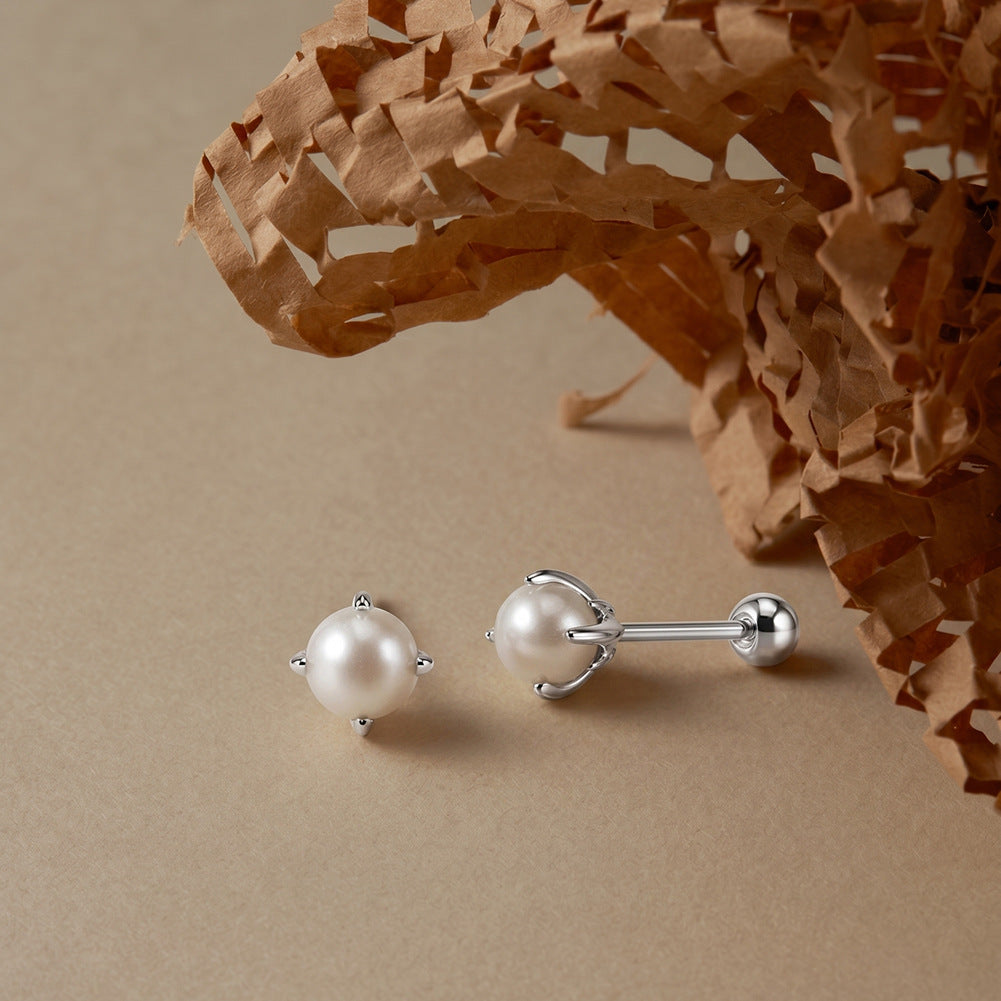 S925 Sterling Silver Gold Plated 4-Prong Round Freshwater Pearl Screw Back Stud Earrings, Simple Solid Gold Tone Pearl Ear Studs