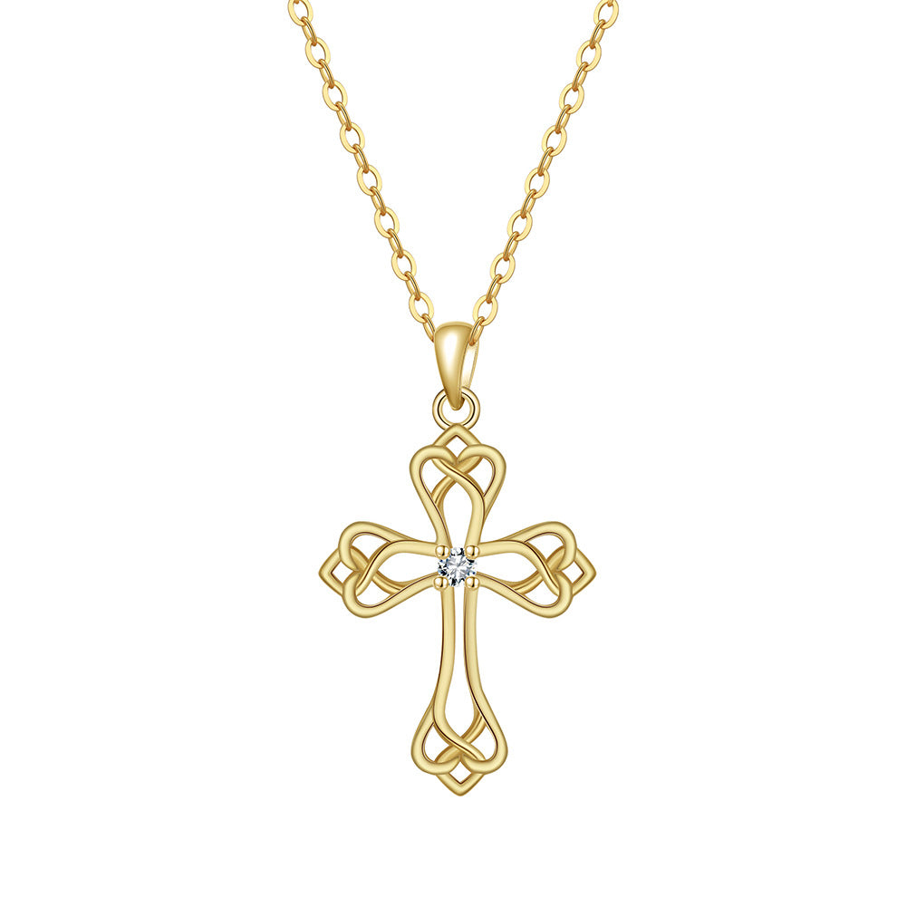 Gold Stainless Steel Celtic Knot Cross Necklace, Hollow Interwoven Cross with Center CZ Pendant