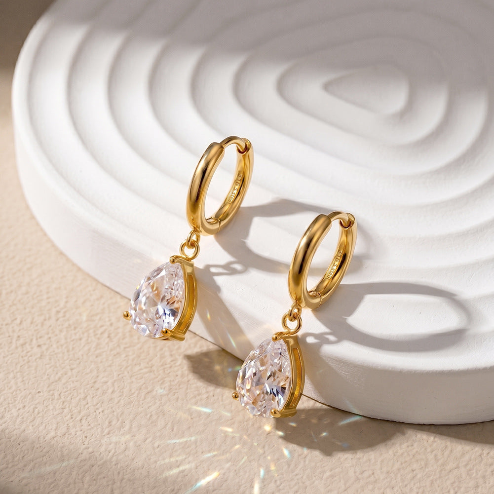 Gold Plated 316 Stainless Steel Huggie Hoop Earrings with Pear Shape Clear Cubic Zirconia Dangle Charm