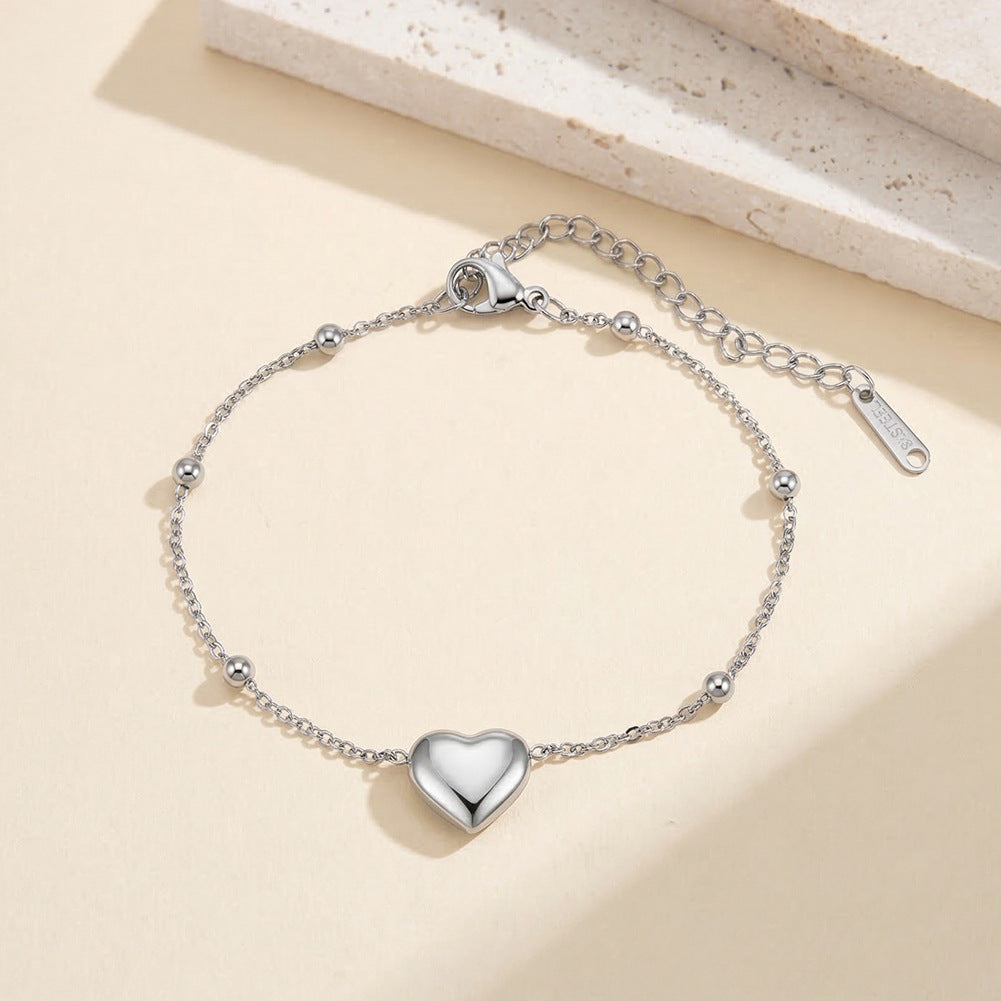 Silver Stainless Steel Puffy Heart Bracelet, 3D Heart Charm with Spherical Beads, Adjustable Extension Chain
