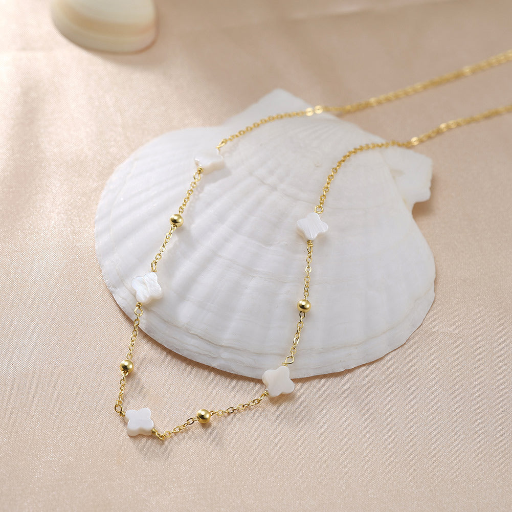 Silver White Mother of Pearl Clover Station Necklace, Solid White Shell Clover Pendants with Silver Ball Spacer Beads