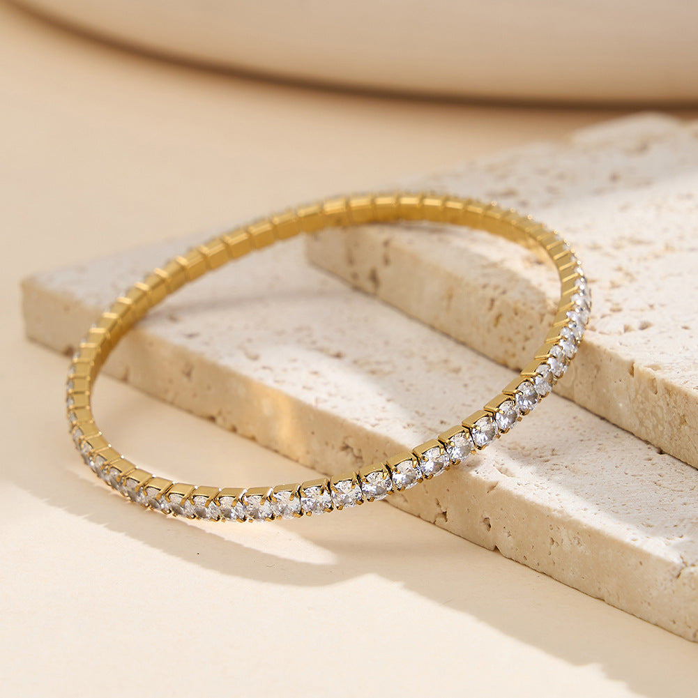 Silver Stainless Steel Stretch Tennis Bracelet, Flexible Elastic Band Fully Paved Cubic Zirconia, No Clasp