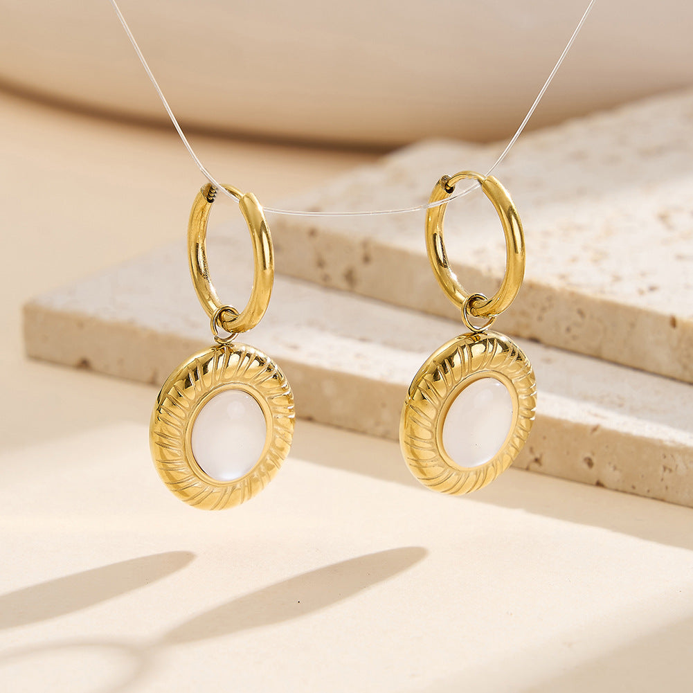 Silver Stainless Steel Sunburst Oval White Cabochon Charm Huggie Drop Earrings