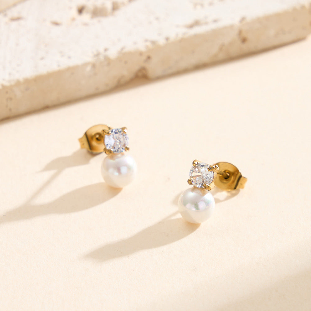 Silver Stainless Steel Solitaire CZ and Imitation Pearl Drop Stud Earrings