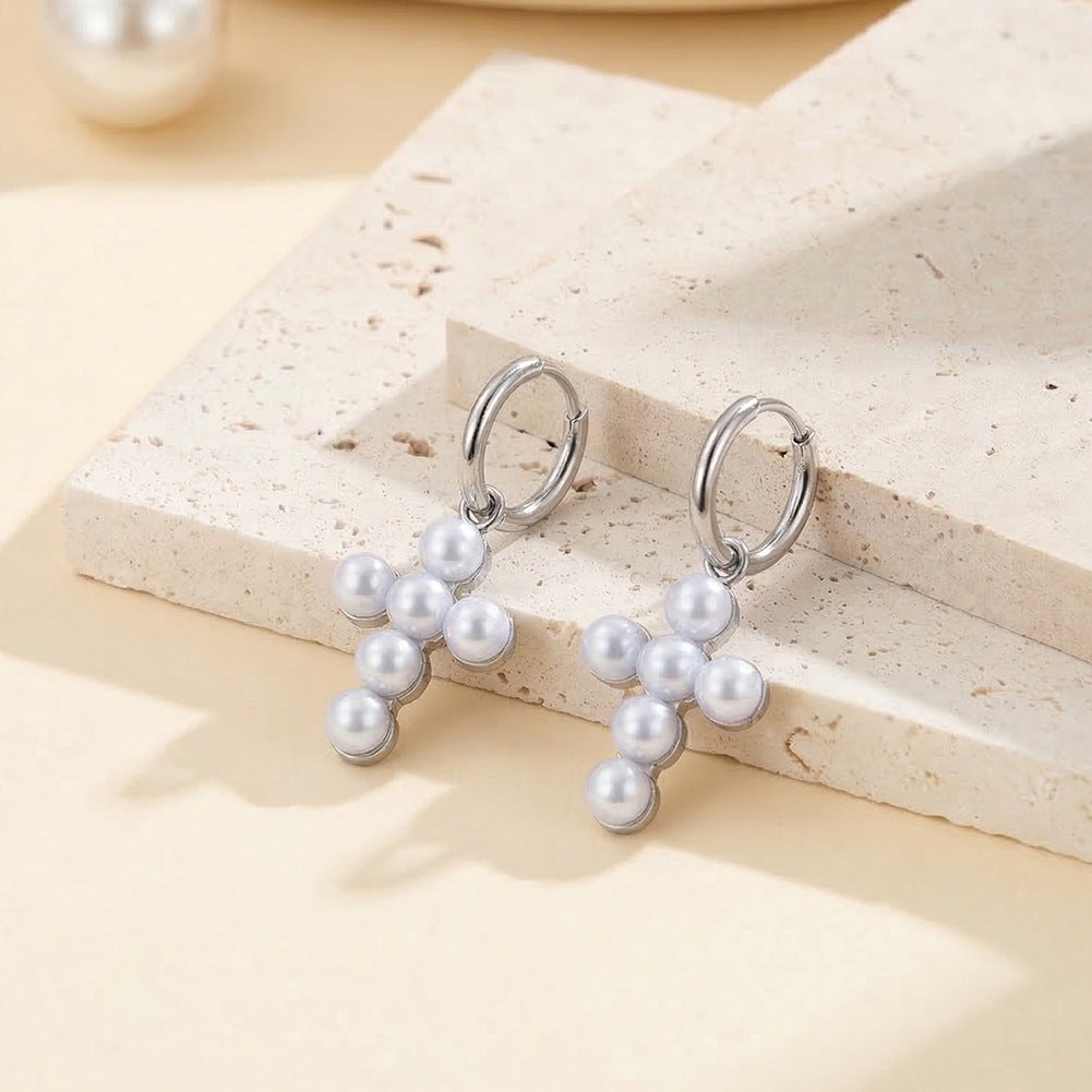 Gold Plated Stainless Steel Faux Pearl Cross Charm Huggie Hoop Earrings