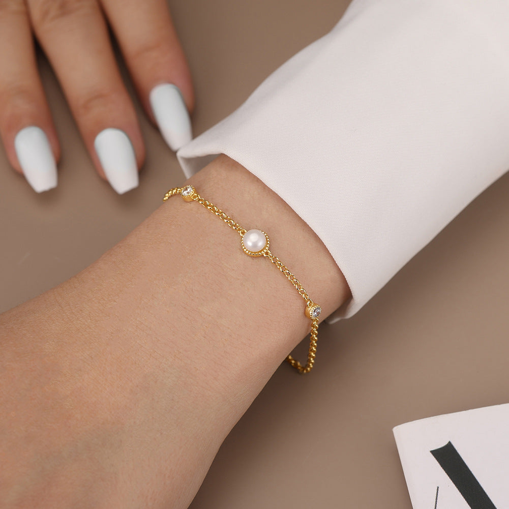 S925 Sterling Silver Dainty Chain Bracelet, Central Round Freshwater Pearl with CZ Halo Side Accents, Adjustable Extension Chain