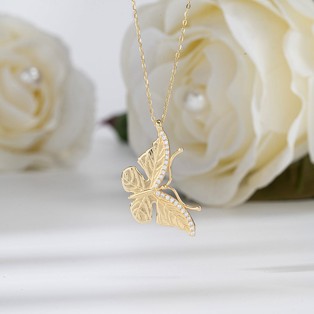 Gold Stainless Steel Textured Butterfly Pendant Necklace, Paved Clear CZ Wing Detail Cable Chain Necklace