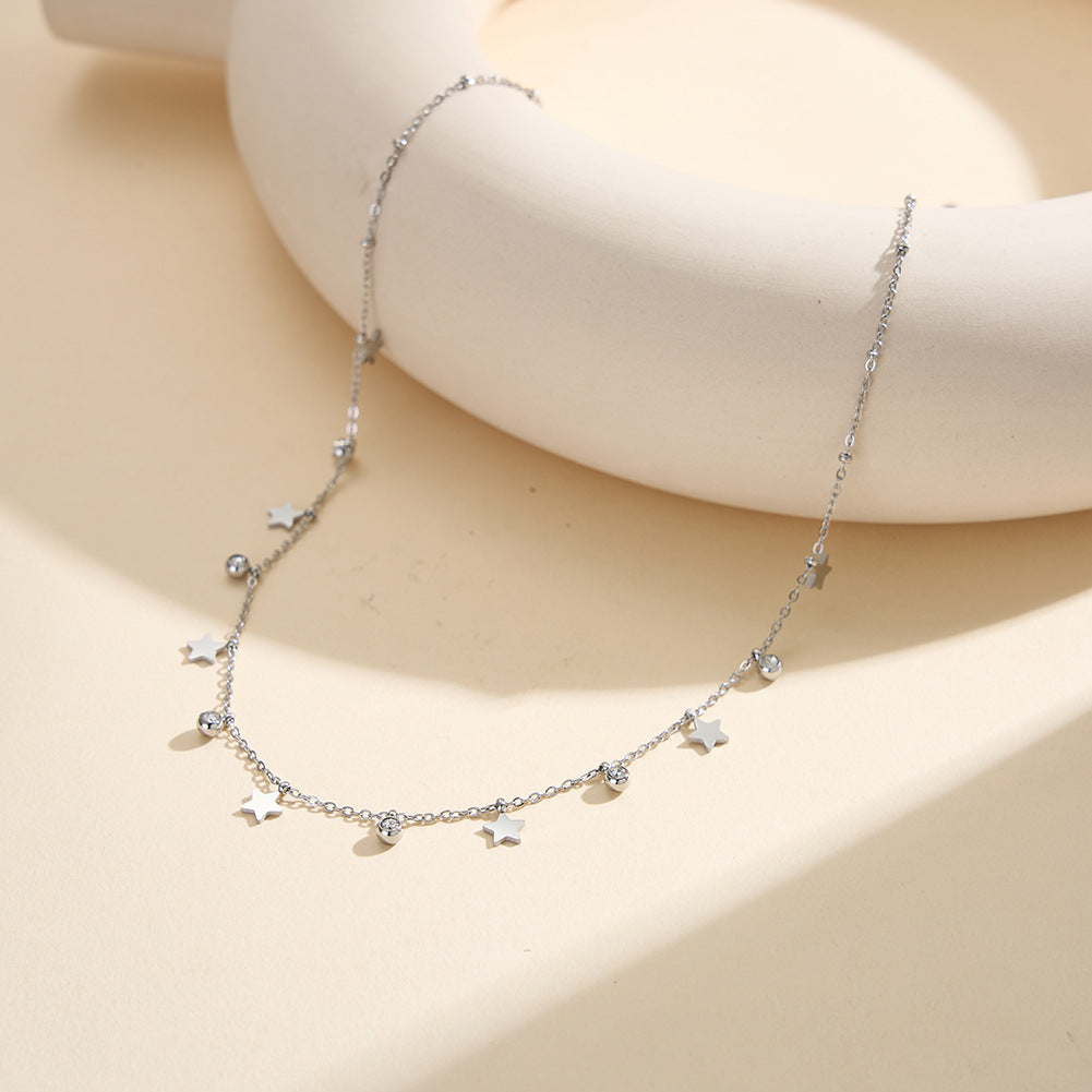Gold Stainless Steel Star Drop Necklace, Multiple Solid Star Charms & Bezel Set Clear CZ Dangling on Thin Rolo Chain