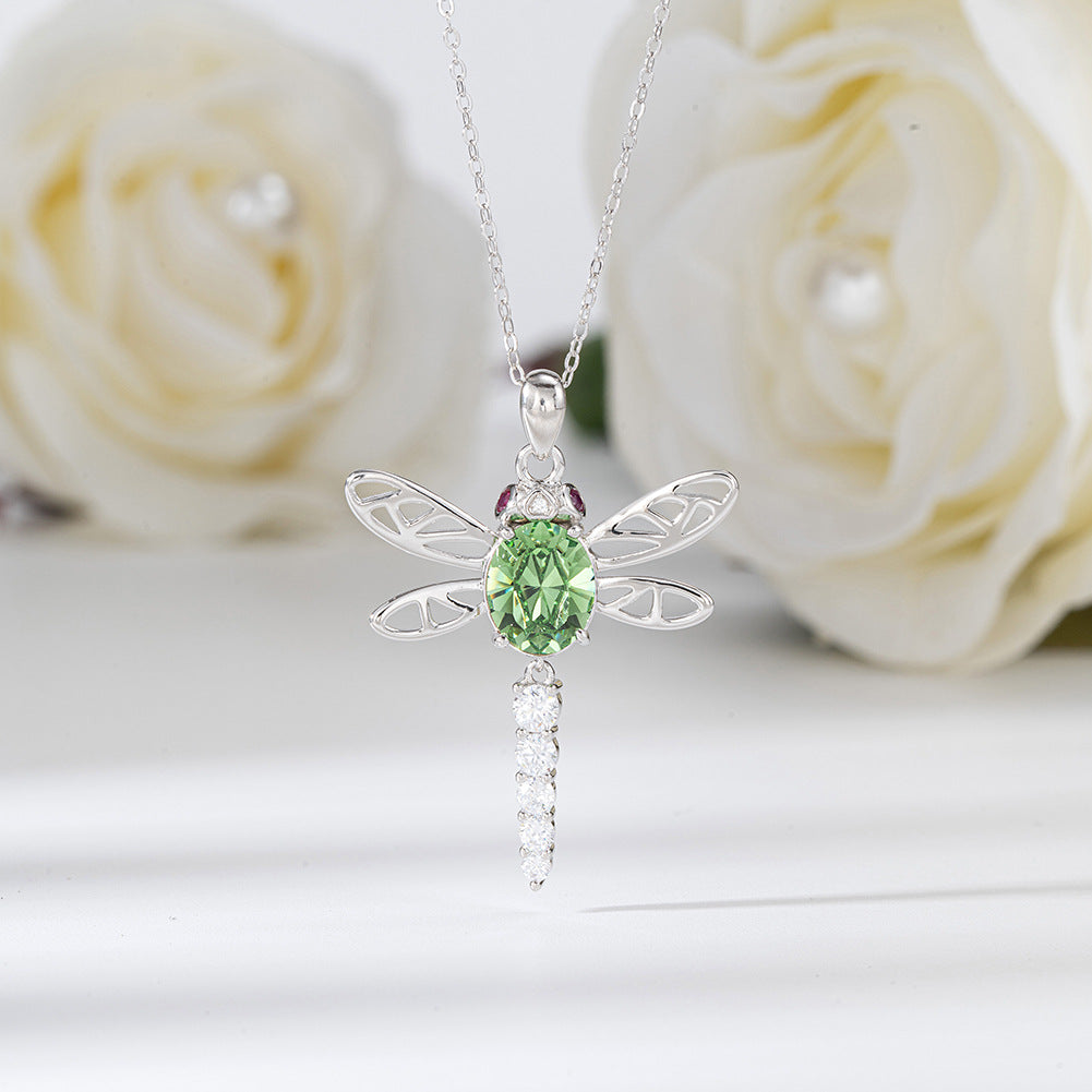 Silver Stainless Steel Dragonfly Pendant Necklace, Oval Green CZ Hollow Wing Dragonfly with Paved CZ Tail
