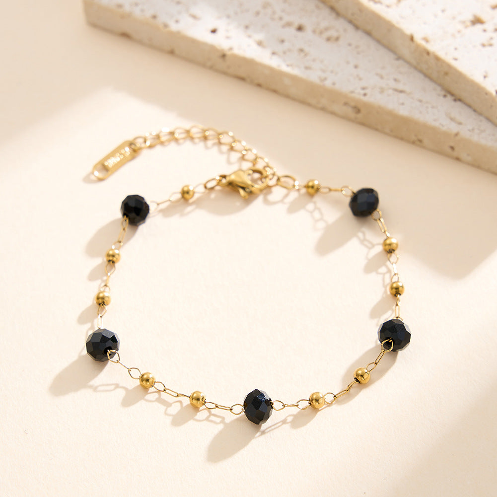 Gold Plated Stainless Steel Bracelet, Black Faceted Onyx Beads with Gold Spacer Balls, Adjustable Extension Chain