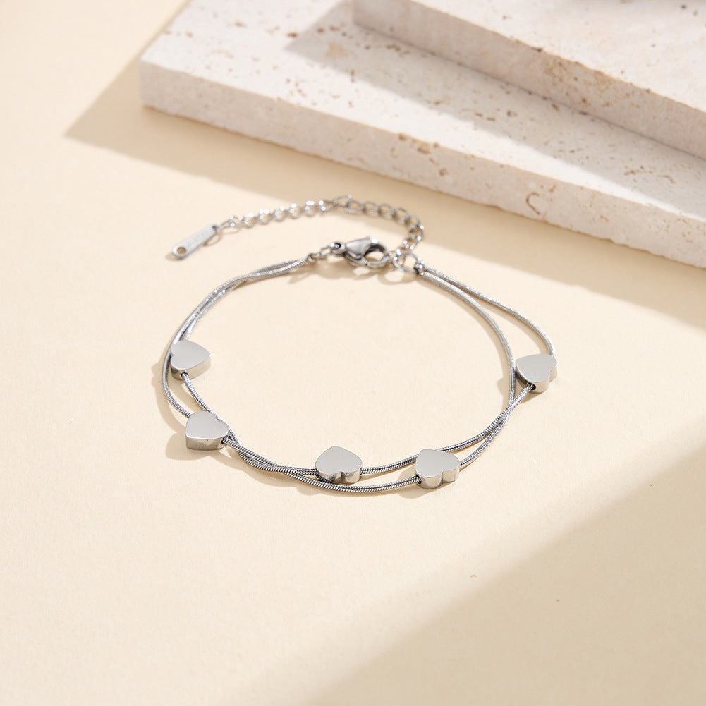 Gold Plated Stainless Steel Double Layer Snake Chain Bracelet, 5 Puffy Heart Charms, Adjustable Extension