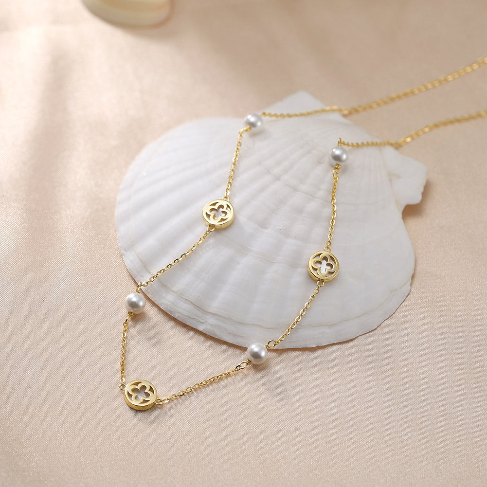 Silver Clover & Pearl Station Necklace, Hollow Four Leaf Clover Mother of Pearl Inlay with Lustrous Round Freshwater Pearls