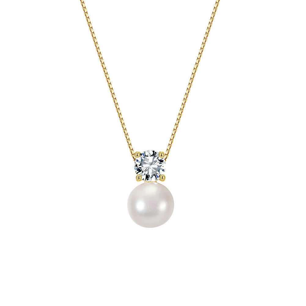 Single Large Round Lustrous Freshwater Pearl Pendant Necklace, White Cultured Pearl with Round Cubic Zirconia Top S925 Silver Box Chain