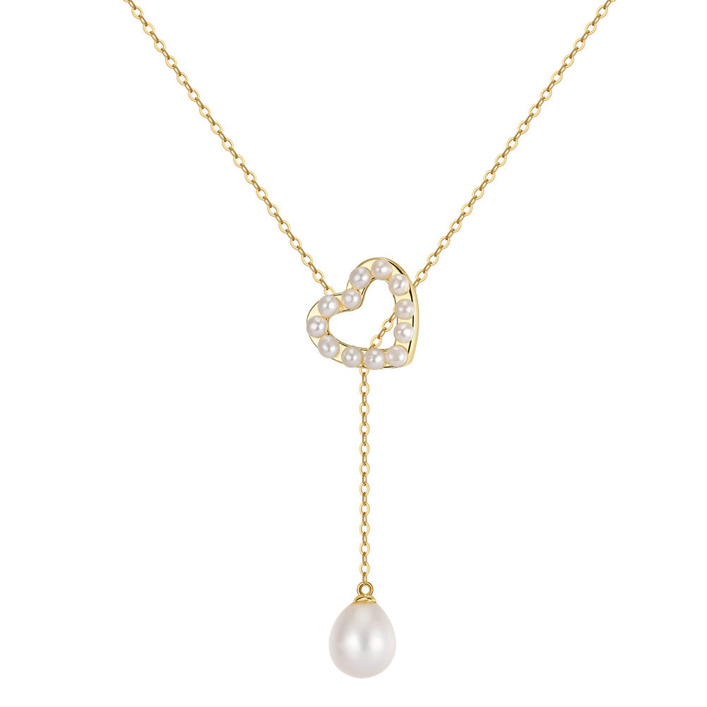 Hollow Heart Freshwater Pearl Lariat Necklace, Mini Pearls Set in Heart Frame with Teardrop Pearl Drop Pendant S925 Silver Chain