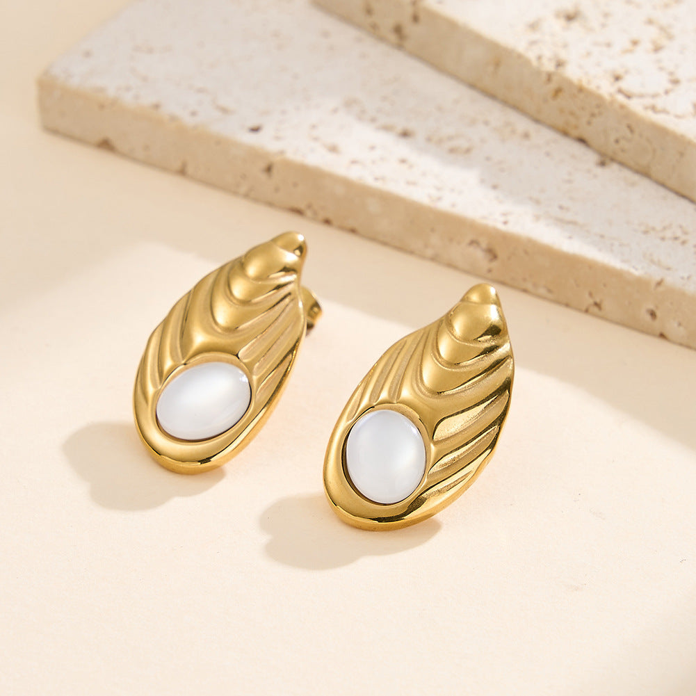 Gold Plated Stainless Steel Teardrop Textured Stud Earrings With White Round Cabochon Inlay