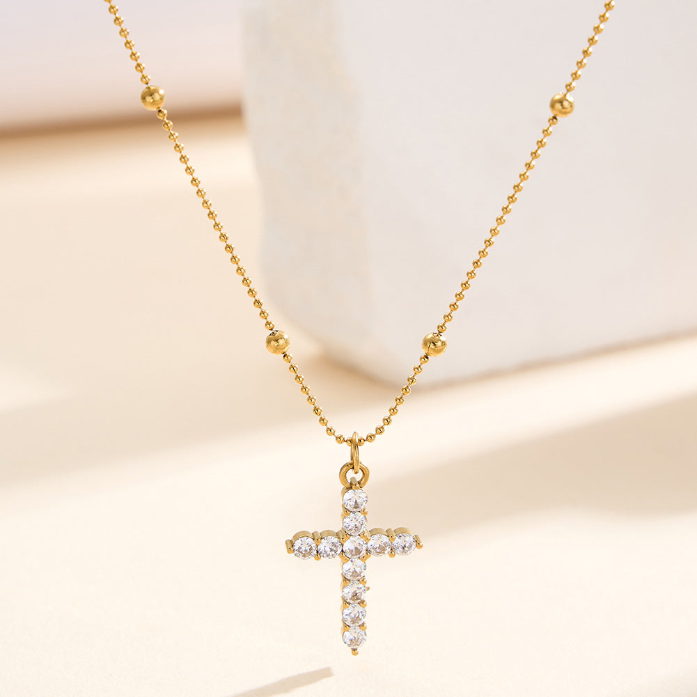 Silver Stainless Steel Paved CZ Cross Pendant Necklace, Ball Bead Satellite Chain Full Crystal Cross Charm Necklace