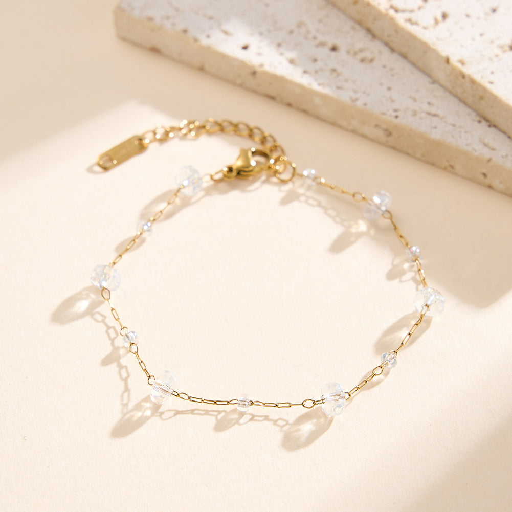 Gold Plated Stainless Steel Dainty Bracelet, Clear Faceted Crystal Beads Thin Paperclip Chain, Adjustable Extension