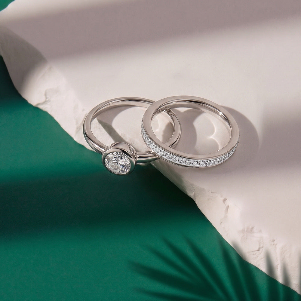 Gold Plated Stainless Steel Stacking Ring Set, Bezel Set Round CZ and Tiny CZ Eternity Band