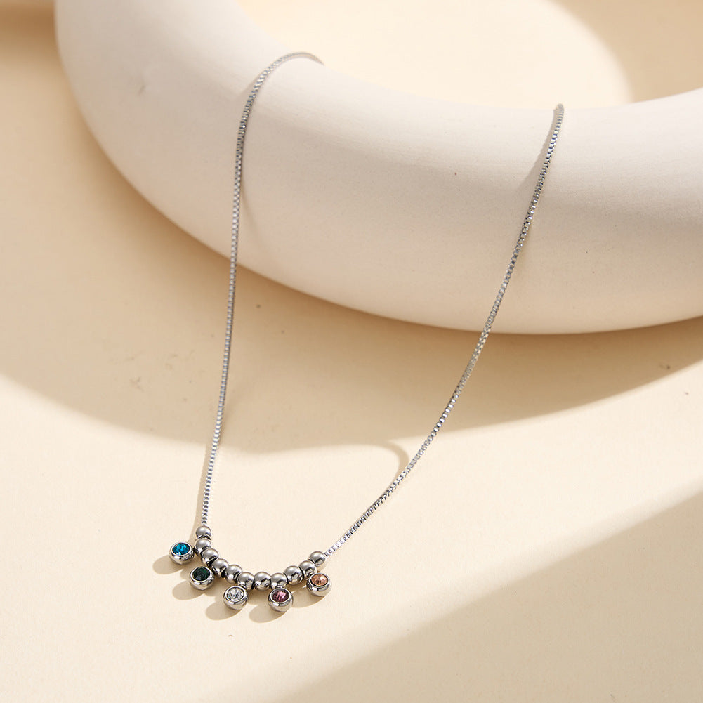 Gold Stainless Steel Beaded Gemstone Station Necklace, Round Metal Ball Beads With Multi Color Inlaid CZ Stones Box Chain