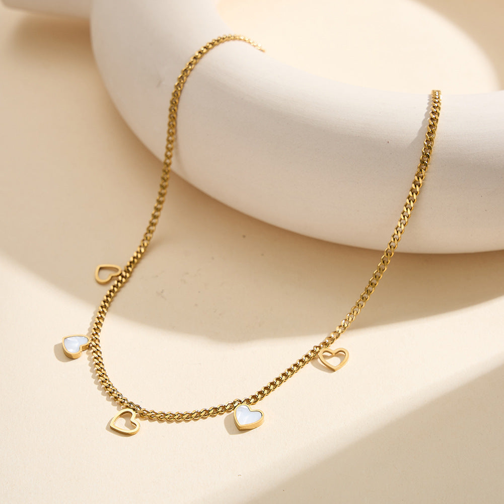 Gold Stainless Steel Heart Cuban Choker, Hollow Outline Heart and White Mother of Pearl Inlay Heart Drop Charms, Cuban Chain
