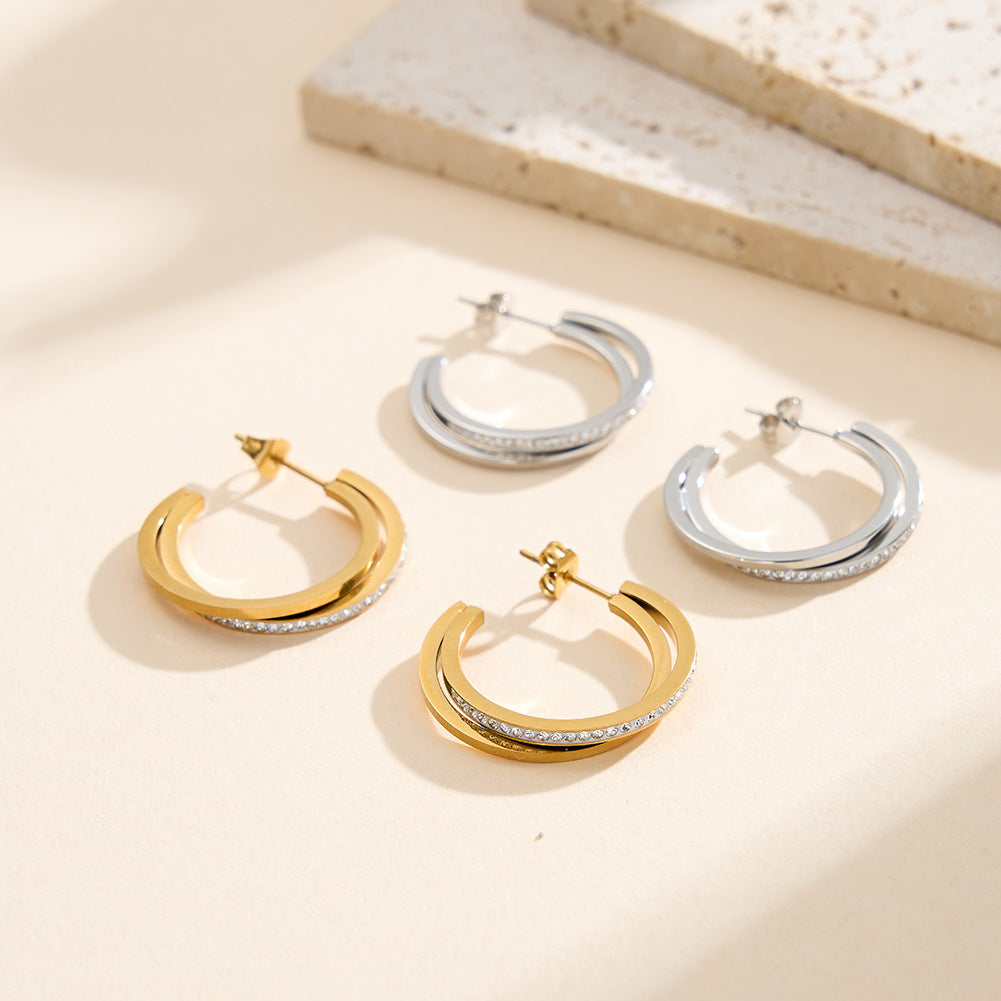Silver Stainless Steel Double Layer Open C Hoop Earrings With Paved CZ Stones