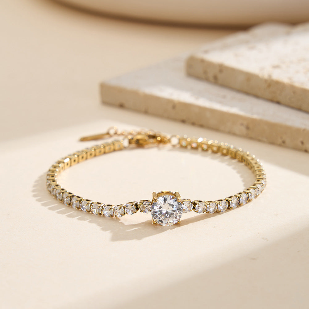 Gold Plated Stainless Steel Round CZ Tennis Bracelet, Brilliant Cut Round Cubic Zirconia Center Stone, Adjustable Extension
