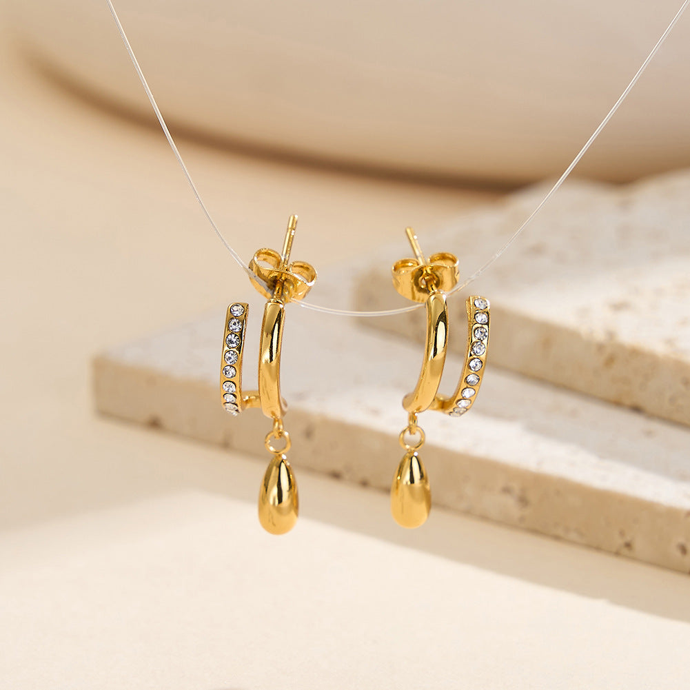 Gold Plated Stainless Steel C Shape CZ Stud Earrings with Teardrop Metal Drop Charm