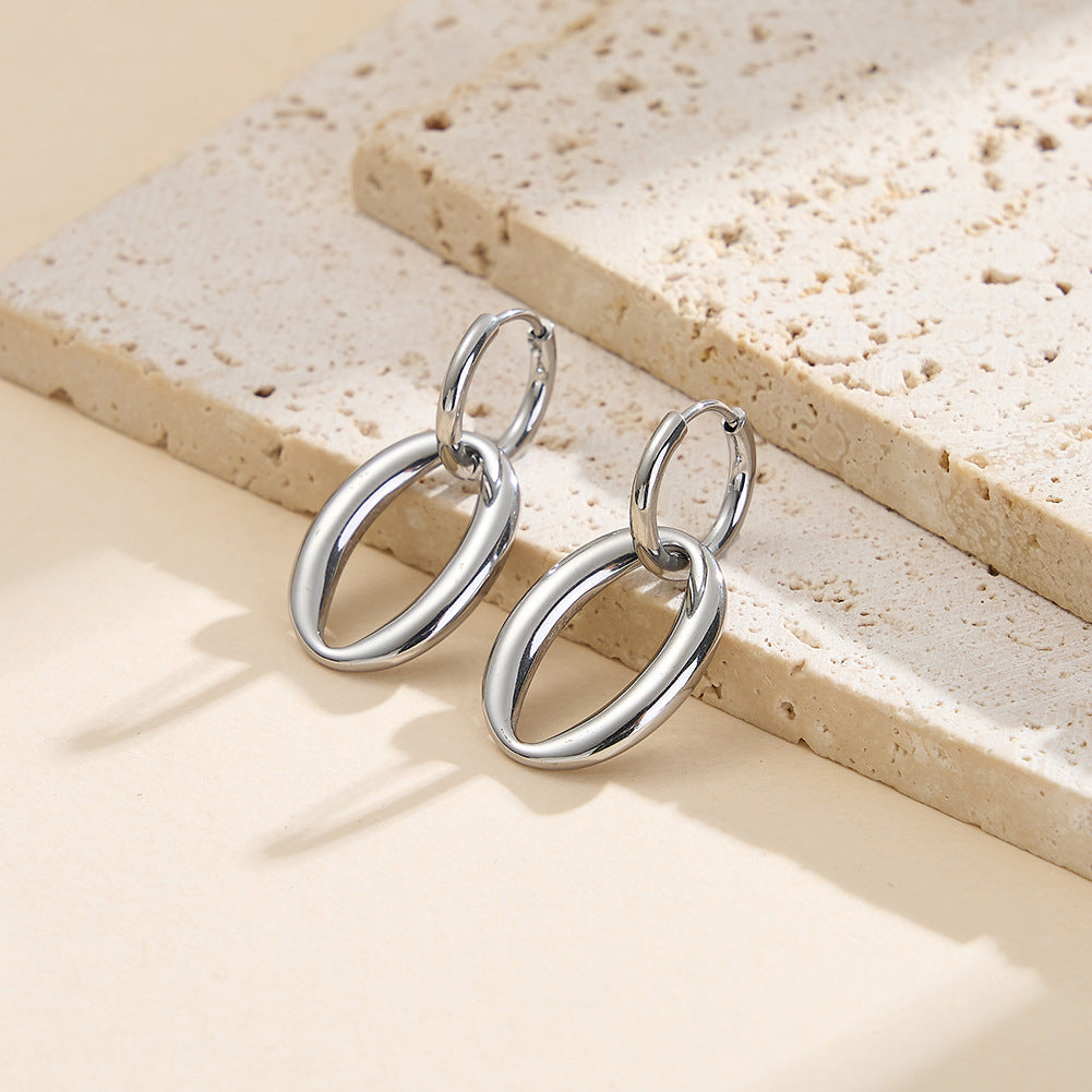 Silver Stainless Steel Double Interlocking Oval Hoop Drop Earrings
