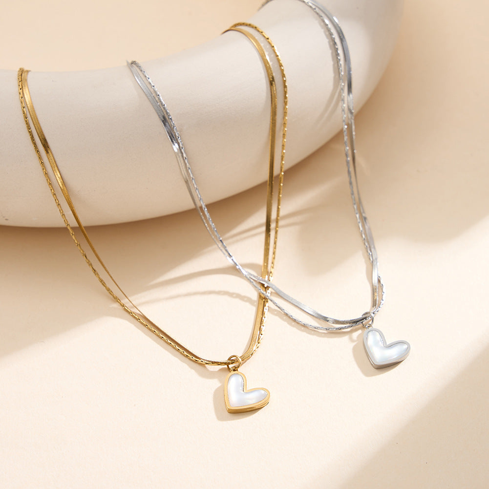 Silver Stainless Steel Double Layered Heart Necklace, Herringbone & Paperclip Chain Stacked 3D Puffy Heart Pendant