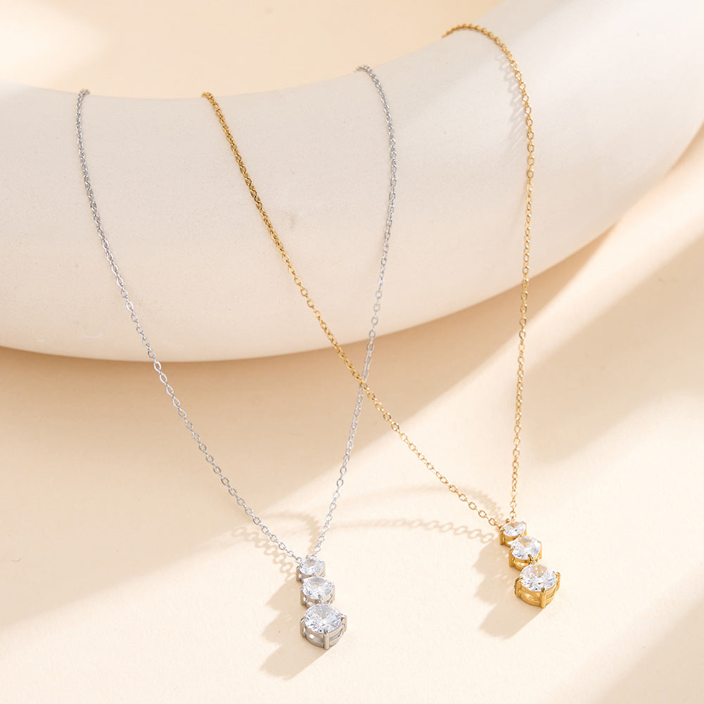 Silver Stainless Steel Graduated Round CZ Drop Necklace, Three Tier Size Increasing Round Cubic Zirconia Pendant Rolo Chain