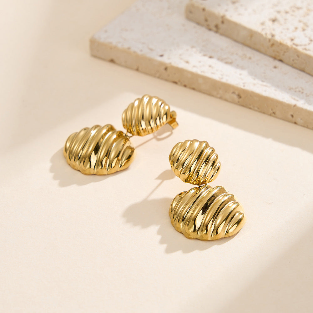 Gold Plated Stainless Steel Double Twisted Ribbed Sphere Drop Stud Earrings