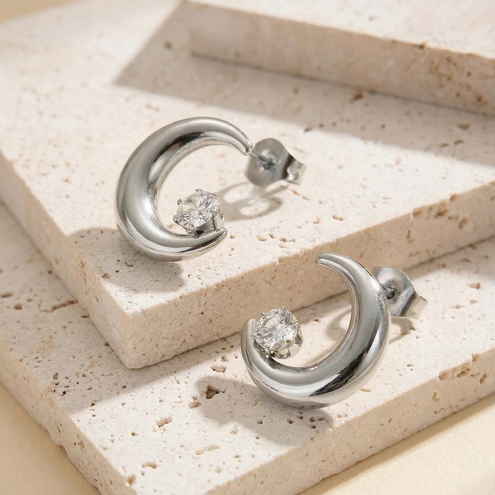 Gold Plated Stainless Steel Crescent Moon Stud Earrings with Round Clear Cubic Zirconia