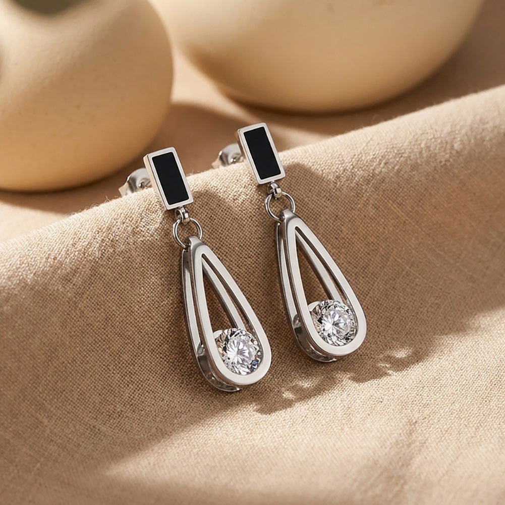 Gold Plated Stainless Steel Black Enamel Teardrop Hollow Frame CZ Dangle Earrings