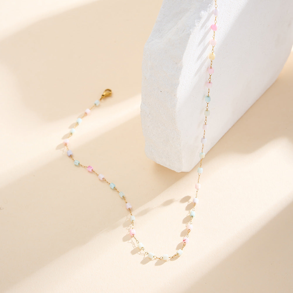 Gold Stainless Steel Dainty Chain Necklace, Multicolor Pastel Cube Beads Station Necklace