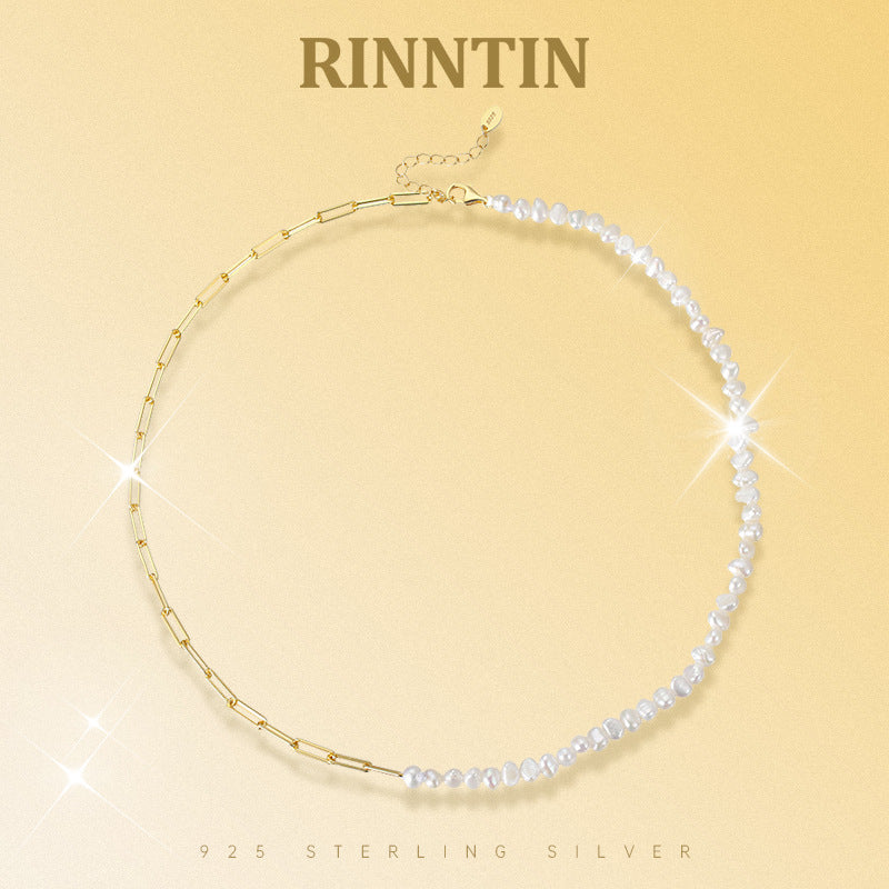 Half Paperclip Chain Baroque Pearl Choker Necklace, Stainless Steel Adjustable Collar Necklace
