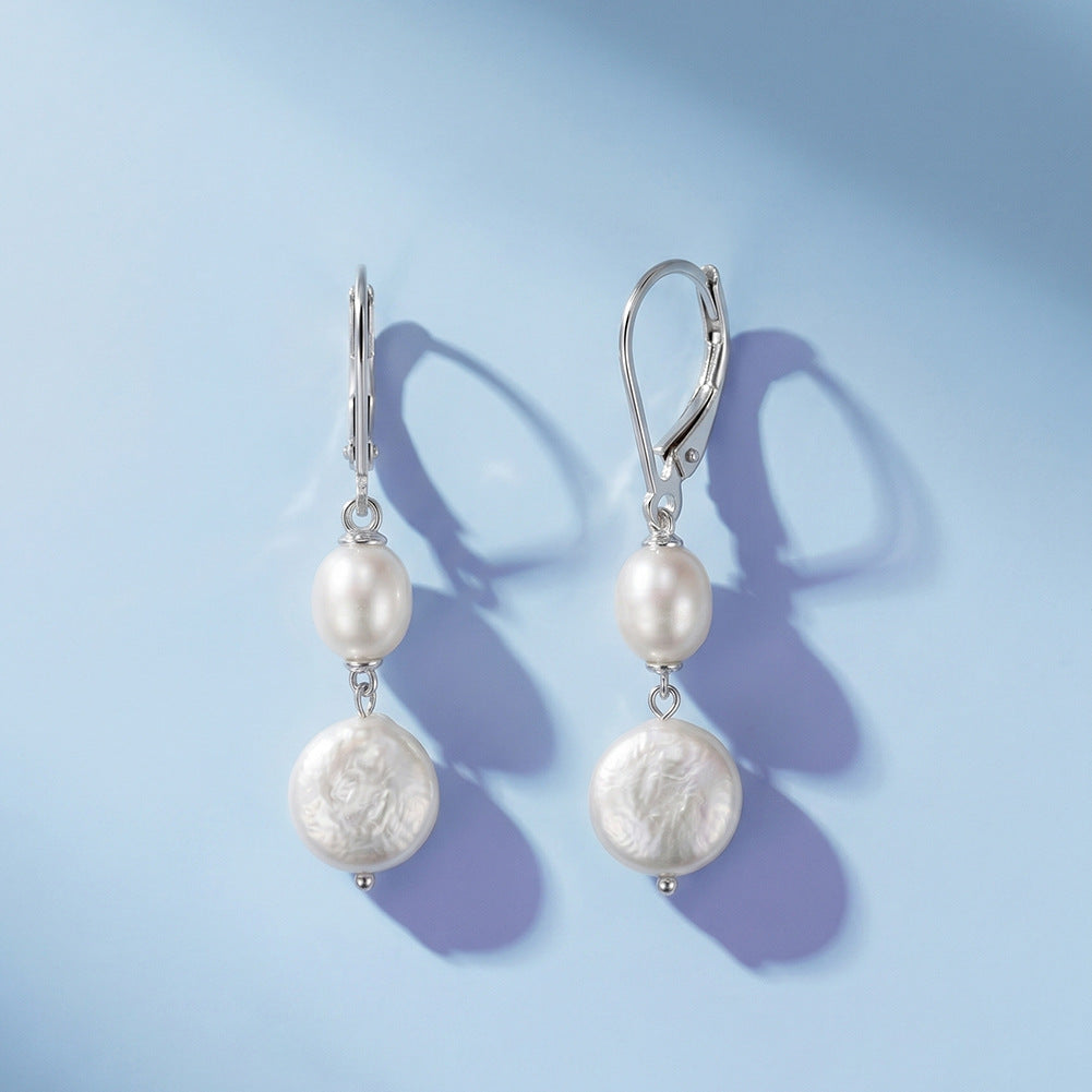 S925 Sterling Silver Leverback Pearl Drop Earrings, Oval Rice Pearl and Coin Baroque Freshwater Pearl Two-Tier Dangle Earrings