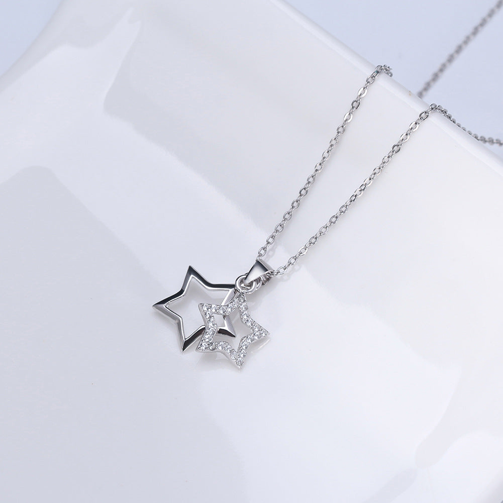 Silver Stainless Steel Interlocking Double Star Necklace, Hollow & Paved CZ Stacked Star Pendant Chain