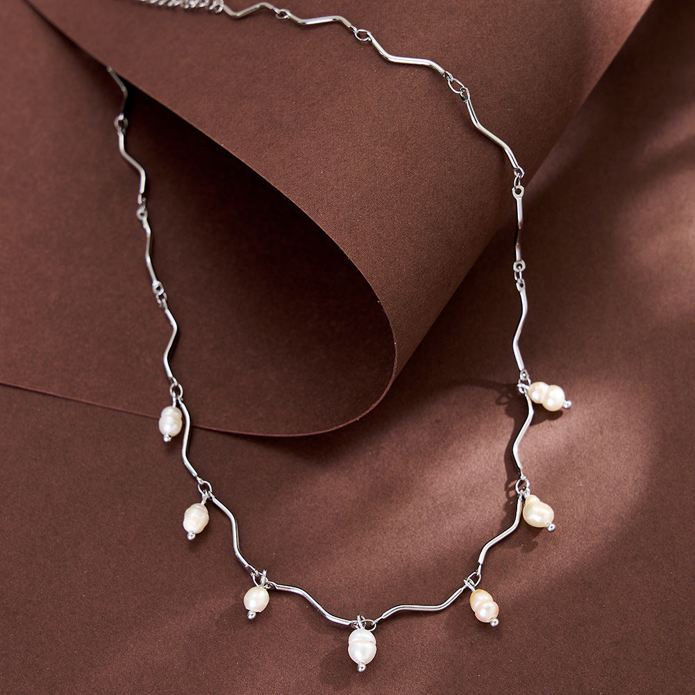 S925 Sterling Silver Wavy Chain Choker Necklace, Dainty Cascading Baroque Freshwater Pearl Drop Charms with Natural Iridescent Luster