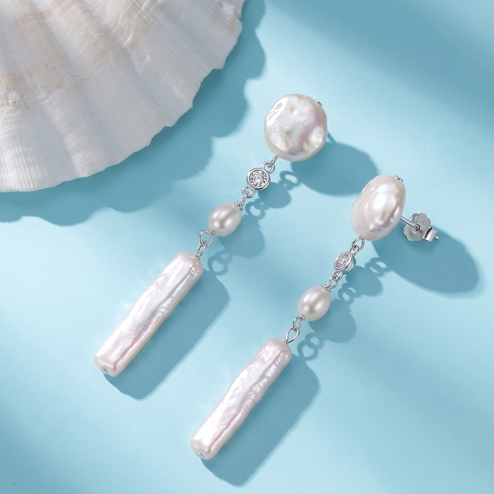 S925 Sterling Silver Multi-Shape Baroque Pearl Long Drop Earrings, Coin Pearl, Rice Pearl and Biwa Stick Pearl with Iridescent Luster