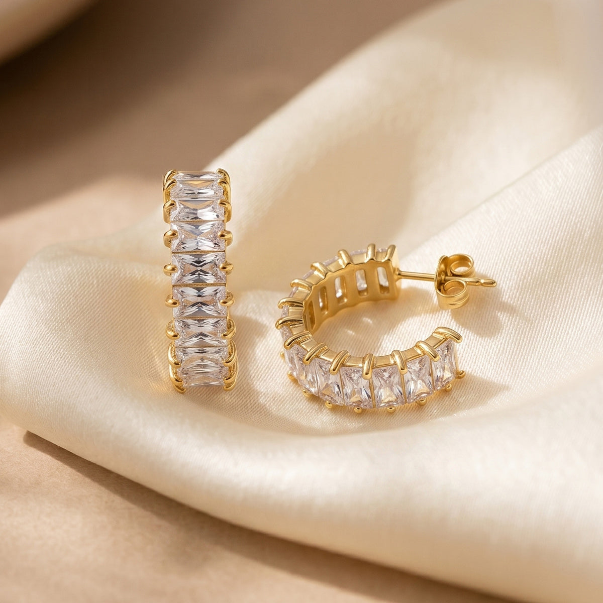 316 Stainless Steel C-shaped Half Hoop Stud Earrings, Full Paved Horizontal Baguette Cut Cubic Zirconia, Prong Setting, Secure Butterfly Backs, Glamour Sparkling Statement Earrings